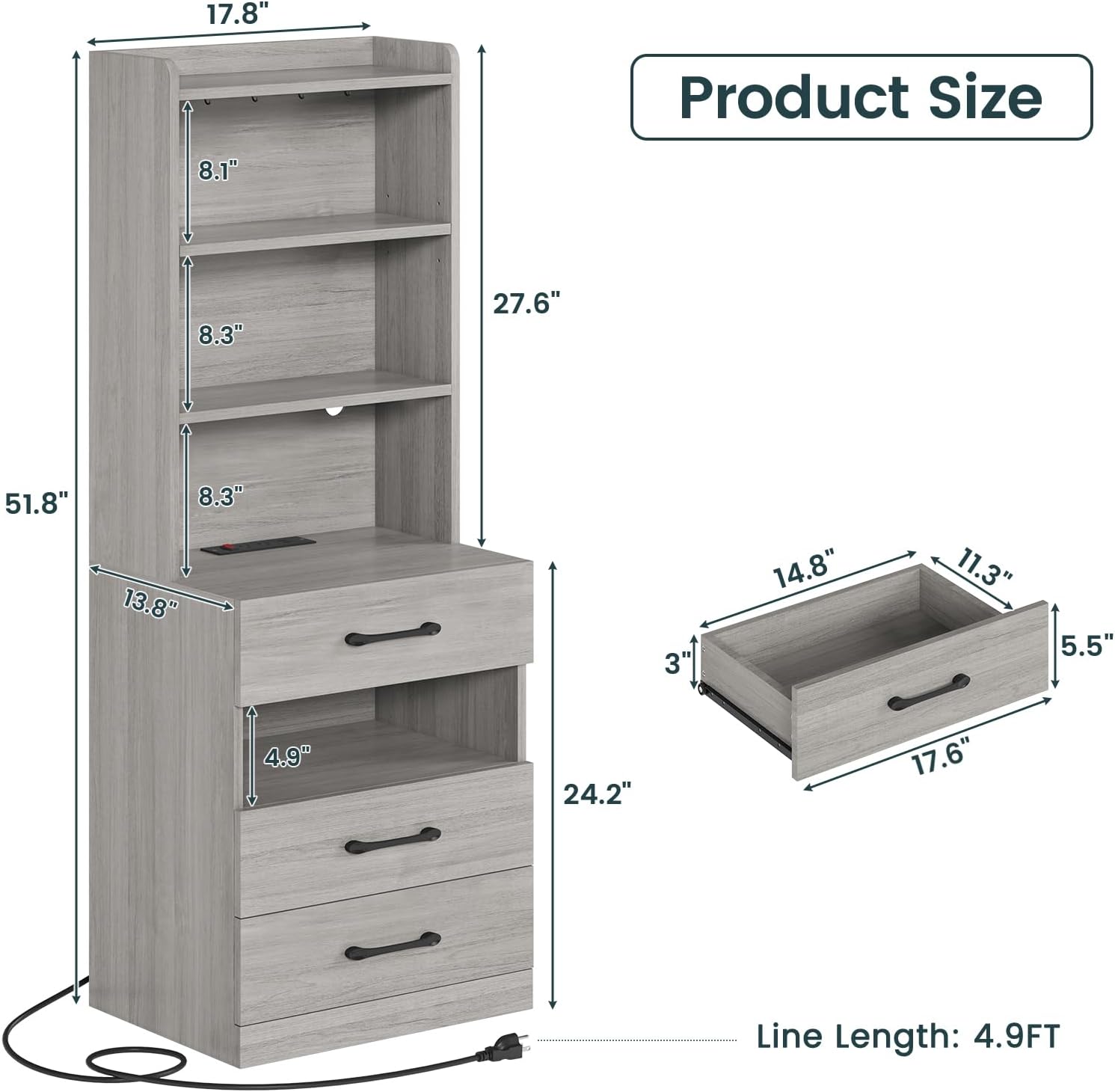 AOGLLATI Tall Night Stand Set of 2 with Charging Station and LED Lights, Grey Nightstand with 3 Drawers and Adjustable Shelves, Modern Bedside Table with Bookshelf for Bedroom