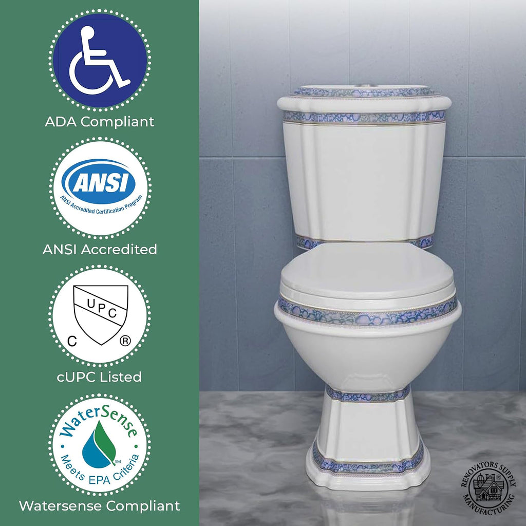 Renovators Supply Manufacturing Dual Flush 2-Piece Elongated Toilet, India Reserve Style with Slow Close Seat, 0.8/1.6 GPF Water Saving, Blue and Gold Vitreous China