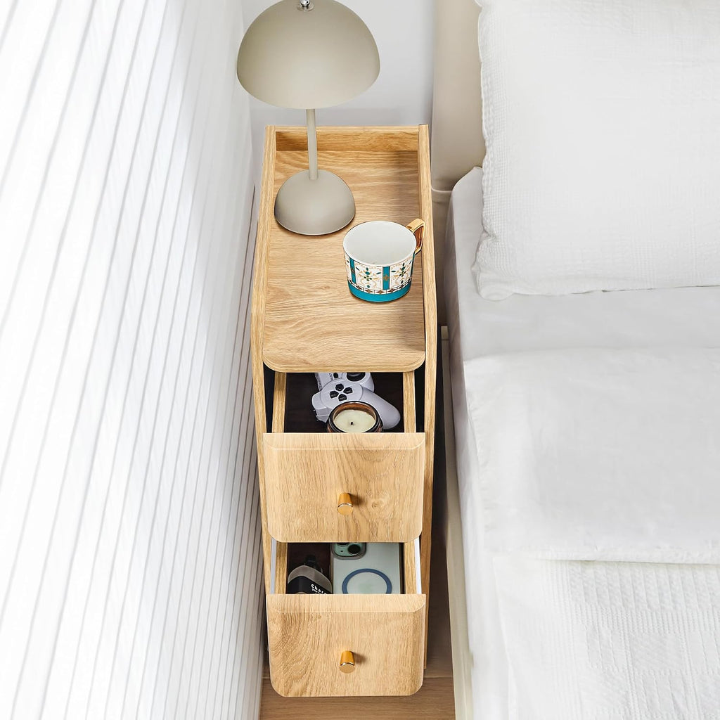 Small Nightstand Set of 2, Wood 2 Drawer Narrow Nightstand, Slim Side Table, Modern Skinny End Bedside Table, Natural Wood Night Stand with Drawers for Bedroom (Natural-2 pcs)