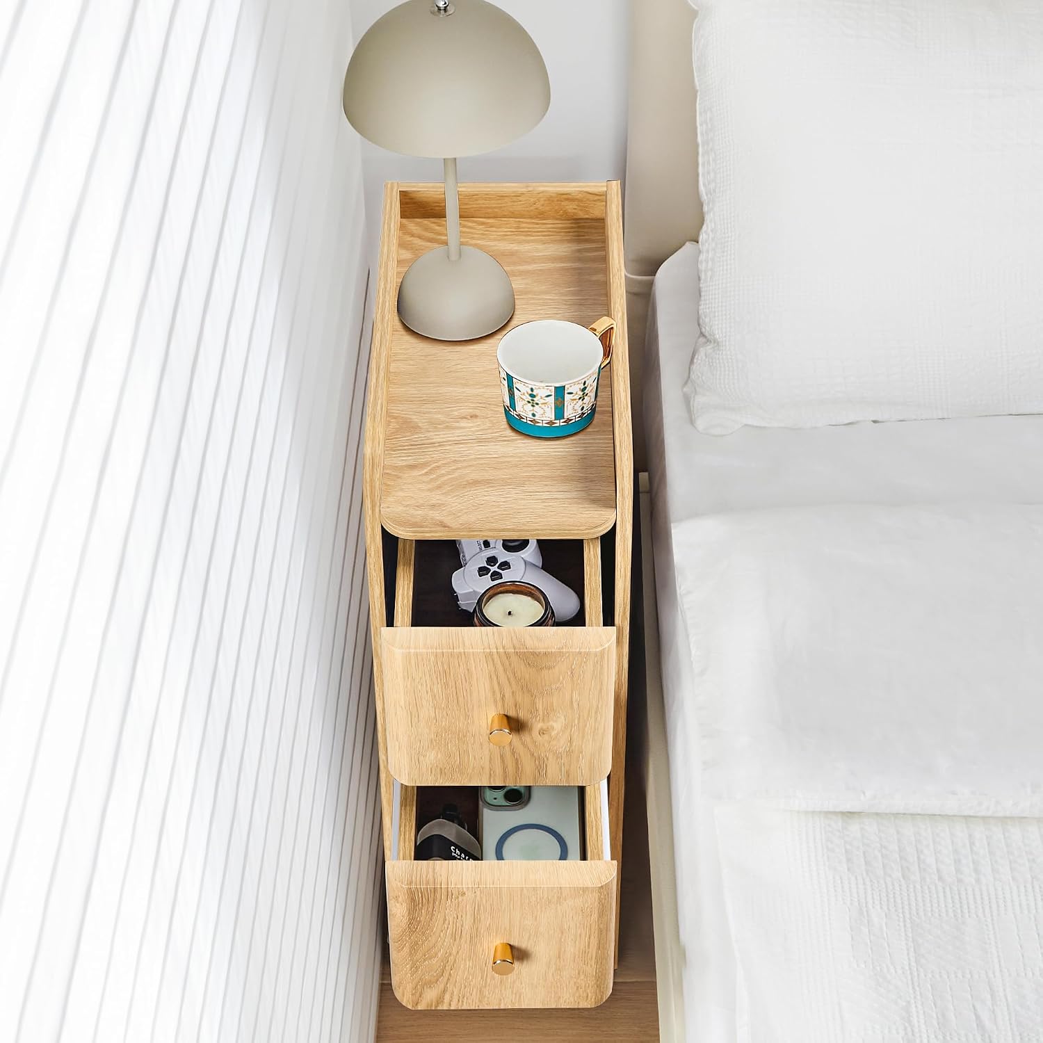 Small Nightstand Set of 2, Wood 2 Drawer Narrow Nightstand, Slim Side Table, Modern Skinny End Bedside Table, Natural Wood Night Stand with Drawers for Bedroom (Natural-2 pcs)