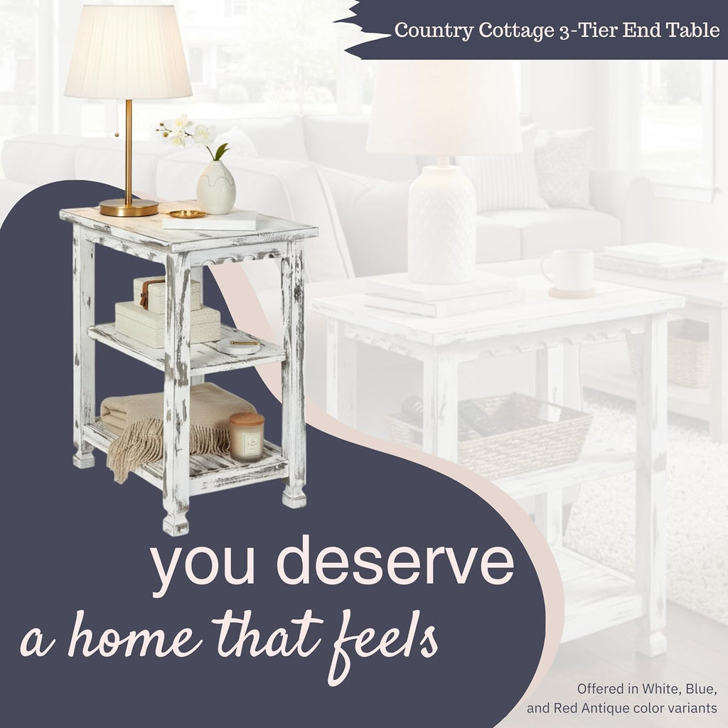 Alaterre Furniture Country Cottage Rustic Farmhouse Nightstand – 3-Tier Narrow End Table with Weathered Faded Finish, Carved Edges, & Turned Legs (Distressed Antique White)