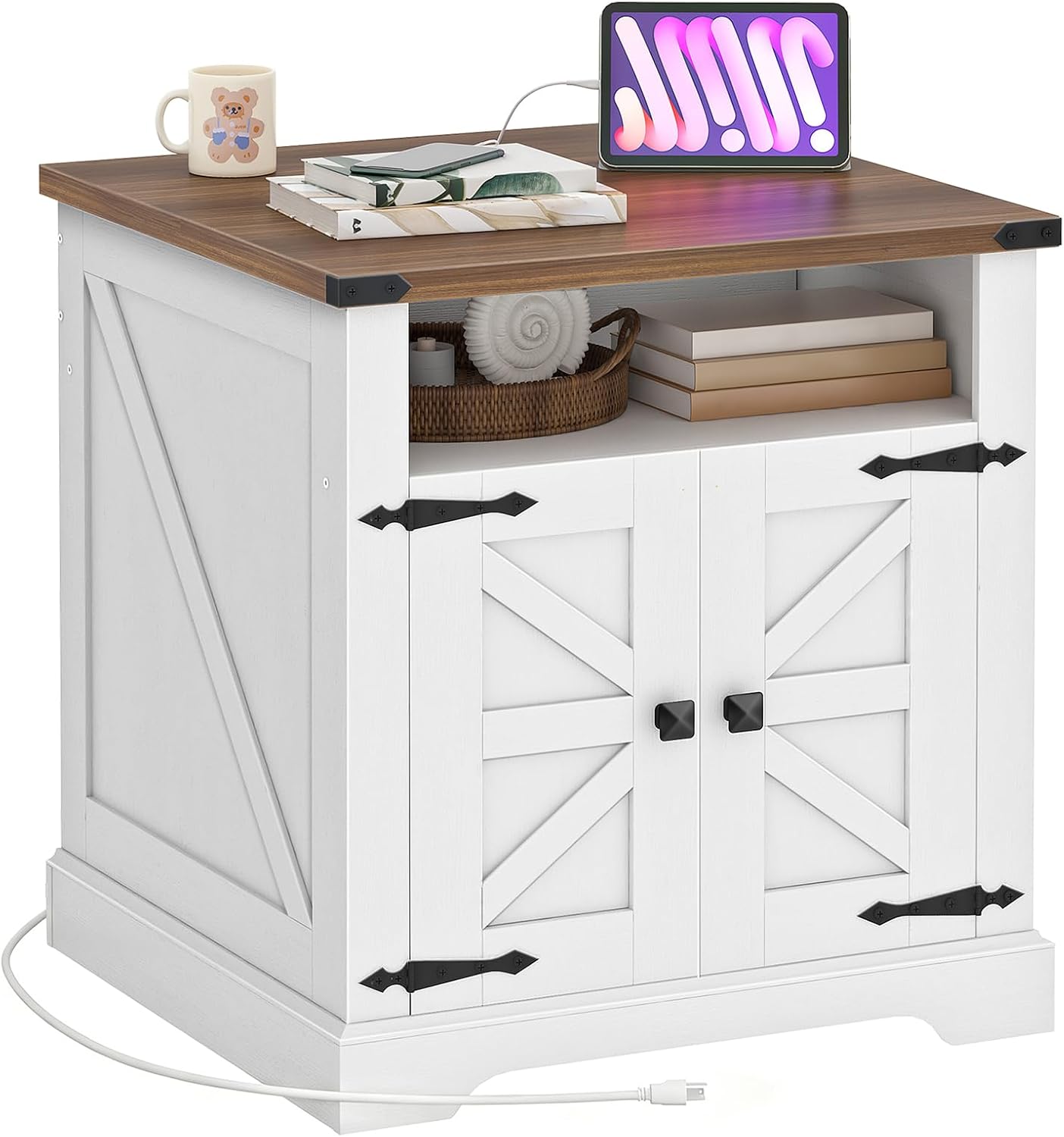 HOOBRO Farmhouse End Tables Set of 2 with Charging Station, 23.6' Large End Table for Living Room, Sofa Side Table with Barn Door, Wooden Square Nightstand Bedside Table, White and Walnut WH601UBZP201