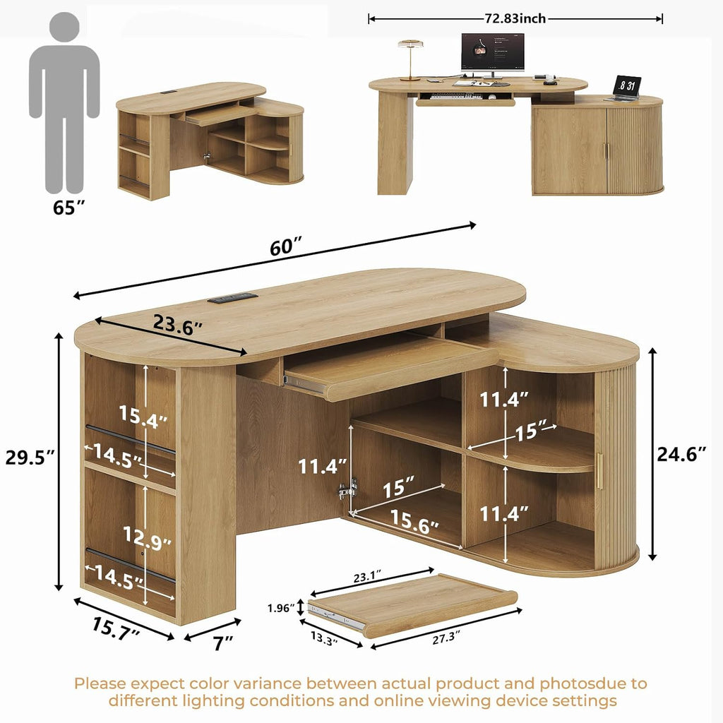 HSH L Shaped Computer Desk with Storage, Reversible Office L Desks with Cabinet and Keyboard Tray, Home Office Corner Executive Desk with Power Outlet, Oak 60 Inch