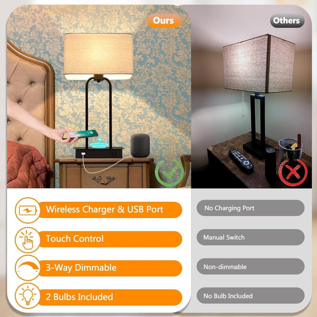 Set of 2 Wireless Charging Touch Control 3-Way Dimmable Table Lamps, Beside Nightstand Lamps for Bedroom with USB Port & AC Outlet, Living Room Office End Table Lamp, LED Bulbs Included, Chip Upgraded