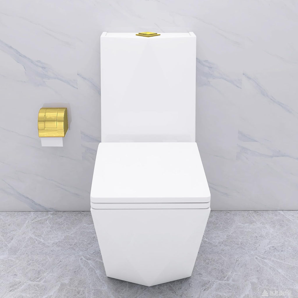 WinZo Modern Square Toilet One Piece With Golden Push Button Dual Flush Elongated Rectangle Comfortable ADA Height,White with golden Parts