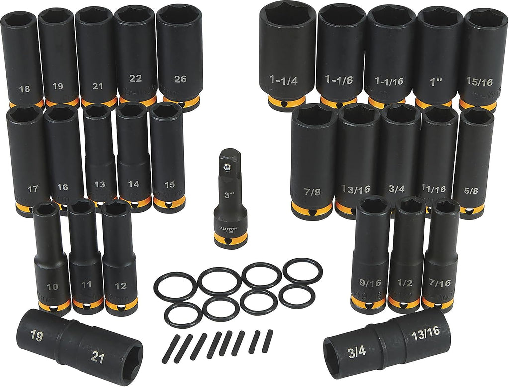 Klutch 1/2in.-Drive Deep Impact Socket Set, SAE + Metric, Chrome Molybdenum, 29-Pc.