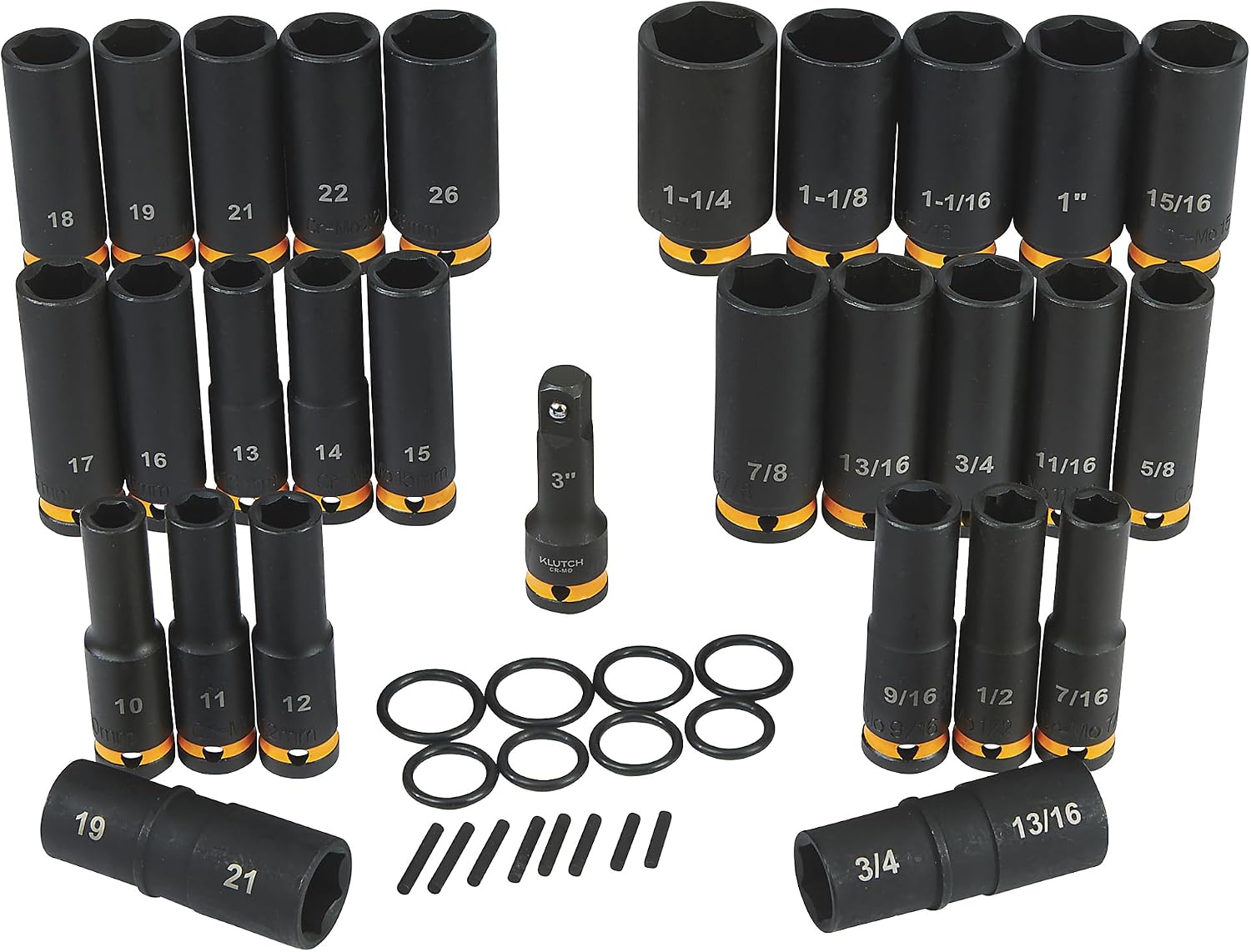 Klutch 1/2in.-Drive Deep Impact Socket Set, SAE + Metric, Chrome Molybdenum, 29-Pc.