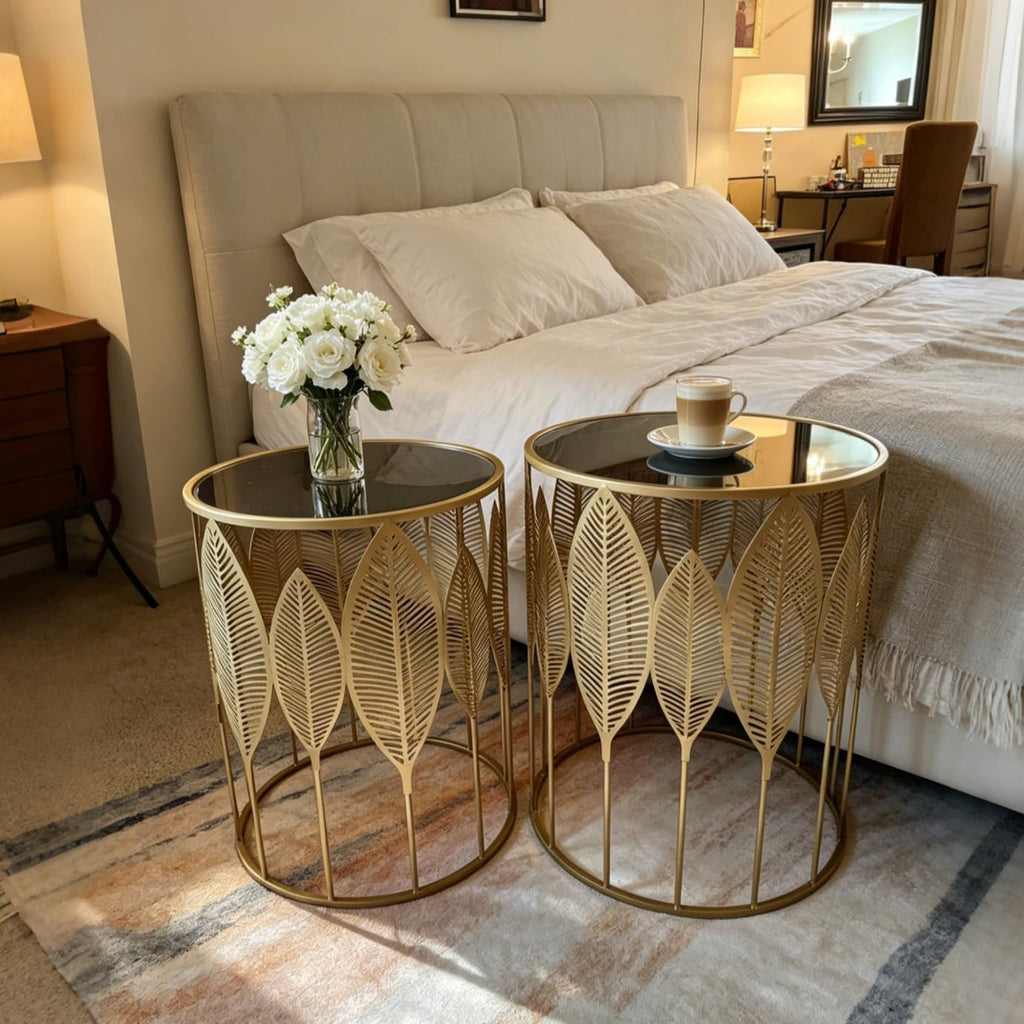 Homebeez Gold Nesting Tables Set of 2, Glam Leaf Design Round End Table with Stainless Steel Top for Living Room & Bedroom, No Assembly Required