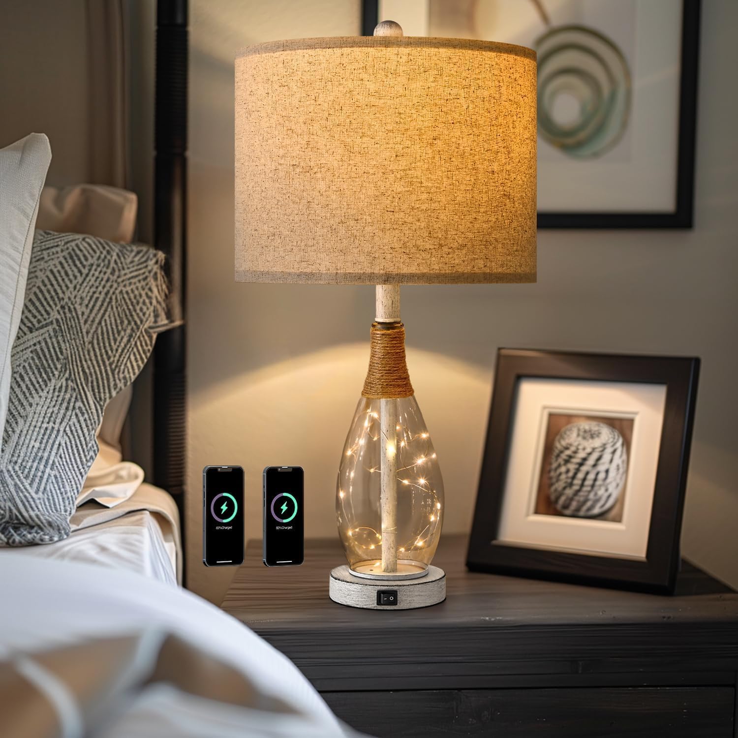 OYEARS 23' Table Lamps for Living Room Set of 2 Bedside Lamps for Night Stands Bedroom Lamps Farmhouse Rattan Boho Lamp Glass Nightlight End Table Lamp with USB C+A (White),Two Light Points