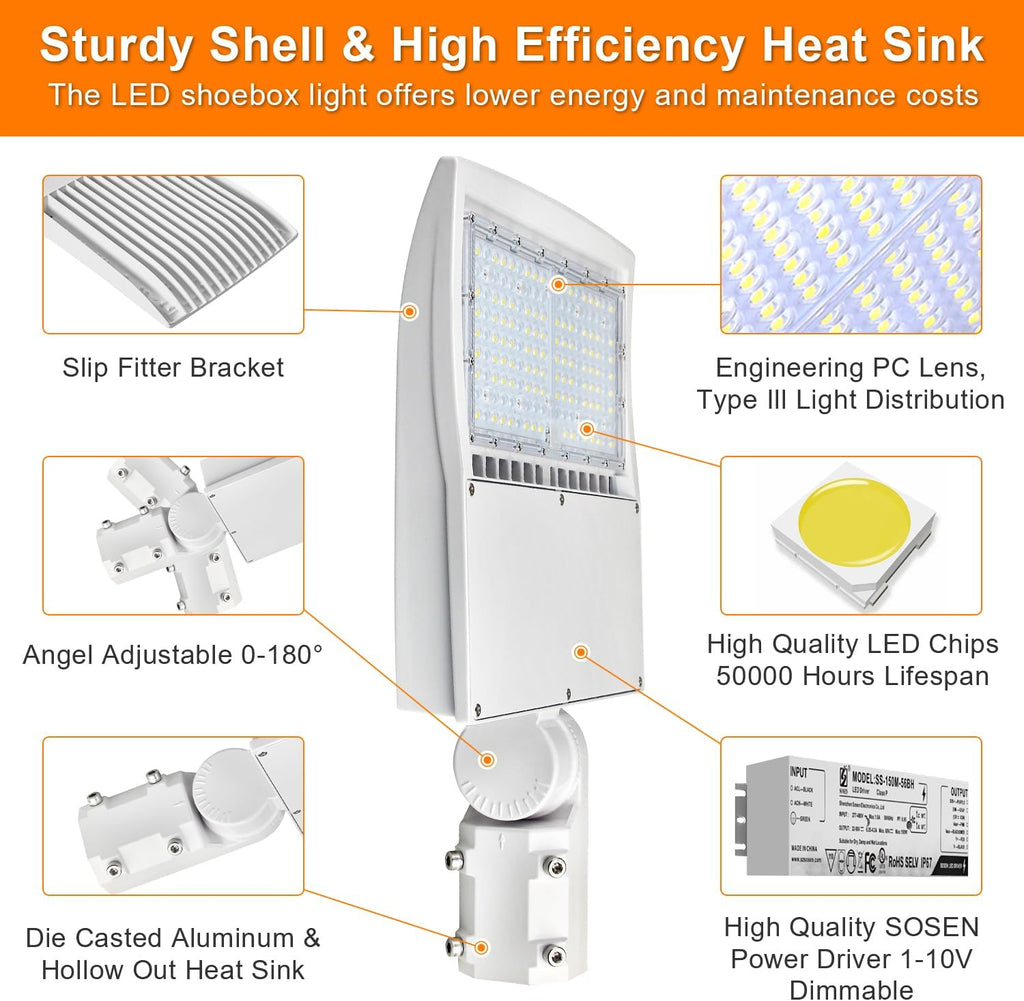 480V 150W White LED Parking Lot Light, 21000LM LED Shoebox Area Light [500W MH/HPS Equiv.], 5000K Dimmable Outdoor Street Lighting with Surge Protection Built-in, IP65 AC100-277V UL Listed