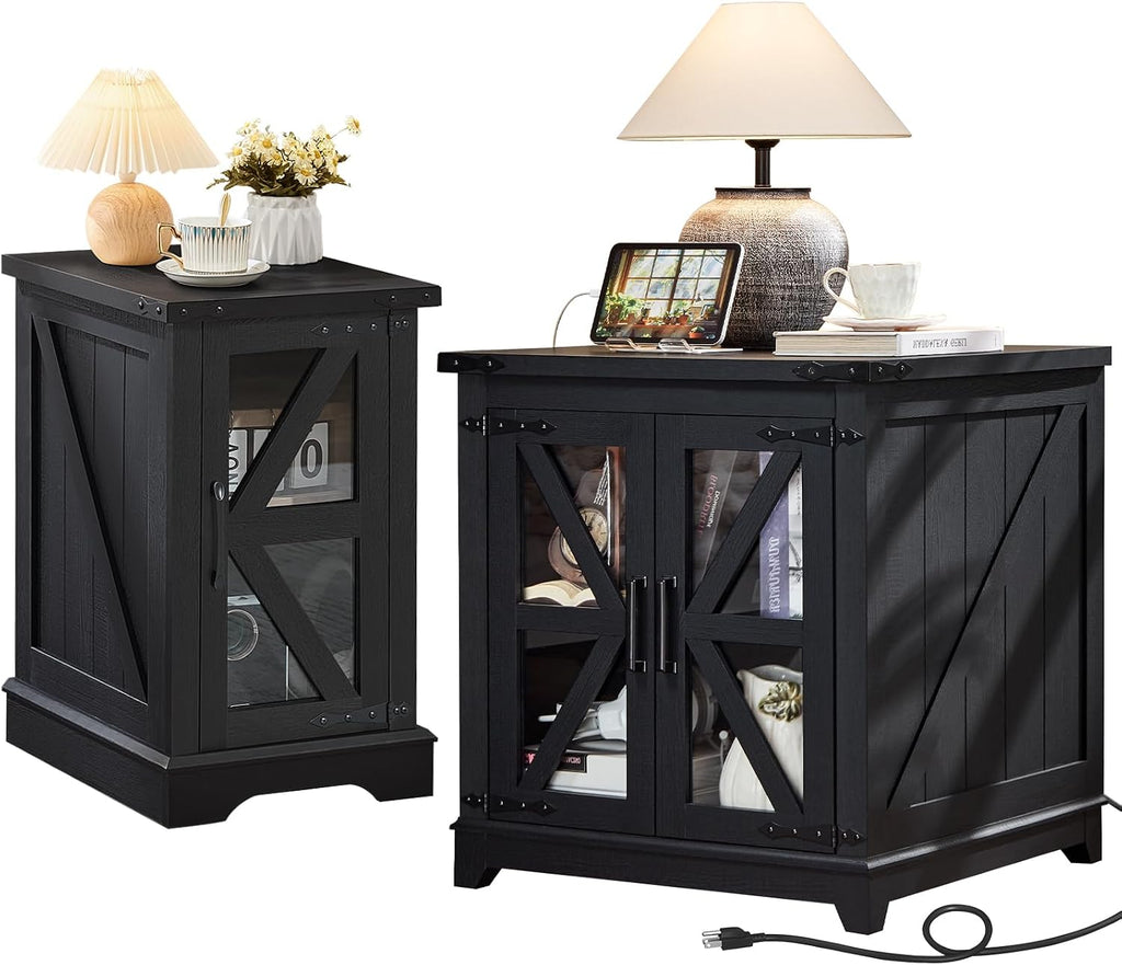Joaxswe Farmhouse End Table Set 2, Narrow 18'' Night Stand with Glass Barn Door, 24' Square Side Table with Charger Station, Living Room Furniture Sets, Wood Nightstand Bedside Tables for Bedroom