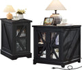 Joaxswe Farmhouse End Table Set 2, Narrow 18'' Night Stand with Glass Barn Door, 24' Square Side Table with Charger Station, Living Room Furniture Sets, Wood Nightstand Bedside Tables for Bedroom