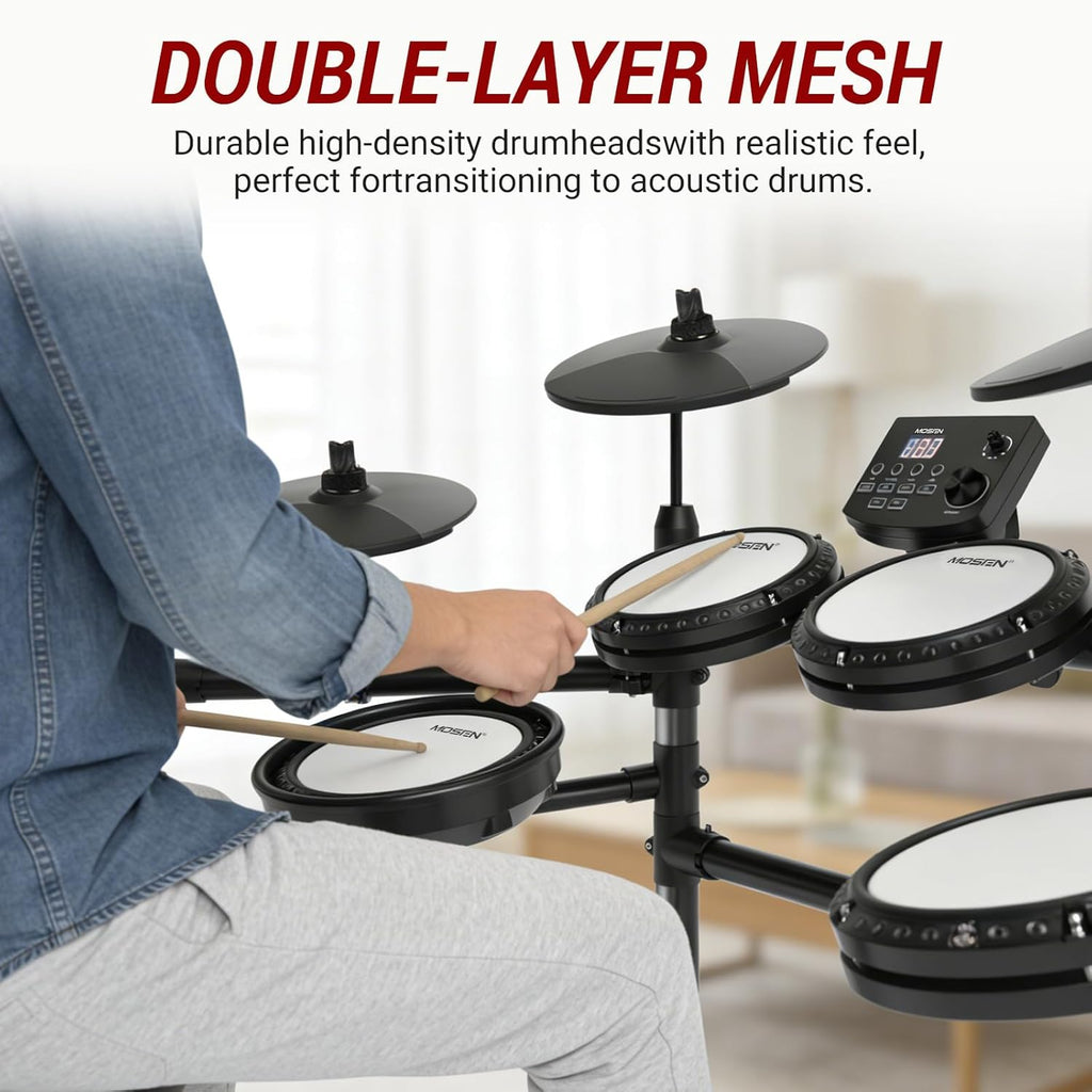 MOSEN Electric Drum Set with 4 Quiet Mesh Drum Pads, Cymbals, Sticks, Headphones, USB MIDI, Kick Pedal, 195+ Sounds and 25 Drum Kits for Beginner MED-X3