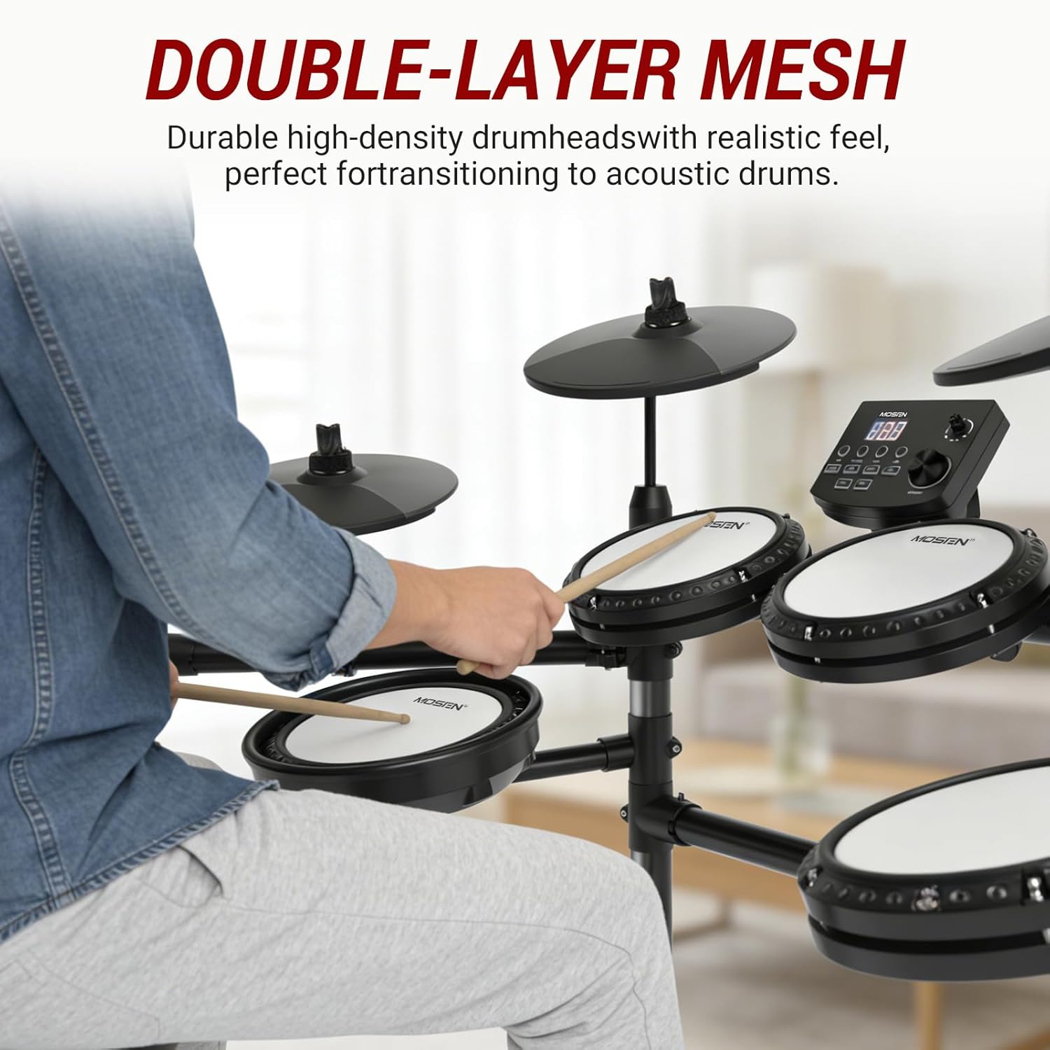 MOSEN Electric Drum Set with 4 Quiet Mesh Drum Pads, Cymbals, Sticks, Headphones, USB MIDI, Kick Pedal, 195+ Sounds and 25 Drum Kits for Beginner MED-X3
