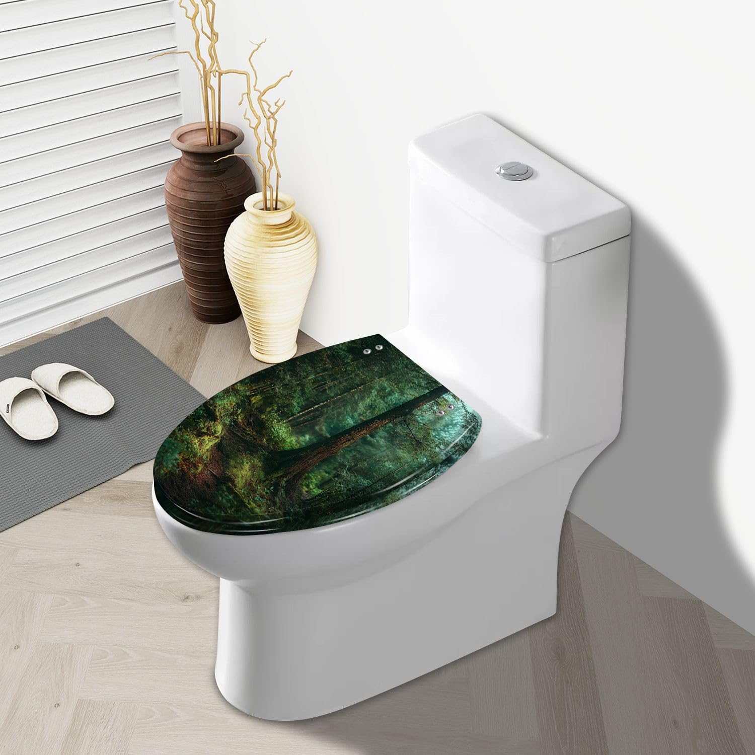 Elongated Toilet Seat Trail dark green forest mossy overgrown Resin Toilet Seat Slow Quiet Close with Quick-Release Hinges Toilet Seat with Cover Easy to Clean Install