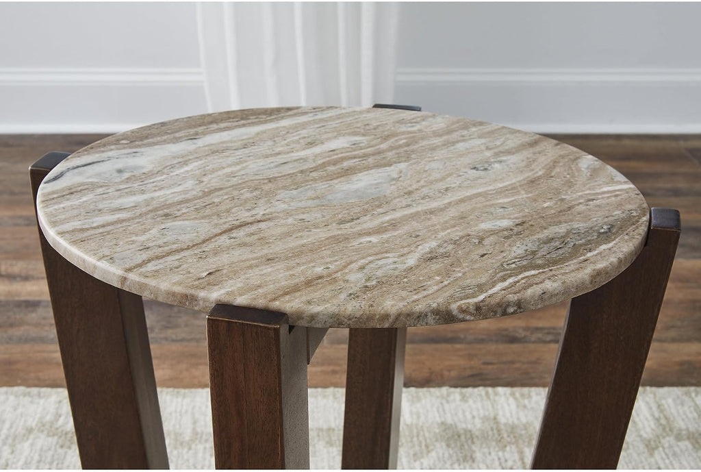 Signature Design by Ashley Tanidore Casual Marble Tabletop End Table with Cross Legs, Light Brown & Dark Brown