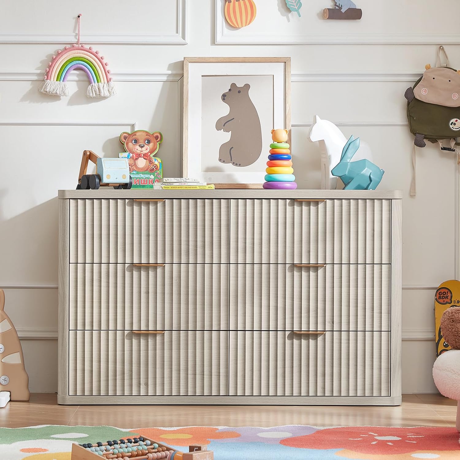 LEYAOYAO Fluted 6 Drawers Dresser Set of 2, 48' Wide Modern Chest of Drawers with Metal Handle, Light Grey Curved Profile Dresser TV Stand, Wooden Drawer Organizer for Bedroom, Living Room, Hallway