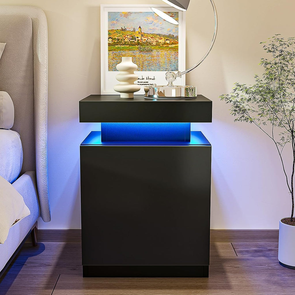 Nightstands Set of 2, 17.7 Inches LED Night Stand Set 2 with Charging Station, Bedside Table with Sliding Top Storage, Modern End Table for Bedroom, Black