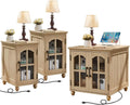 RWYHG End Table Set 3 with Charger Station, 18'' Narrow Nightstand and 24' Large Sofa Side Tables with Glass Barn Door Storage, Farmhouse Night Stands Bedside Table for Living Room,Bedroom