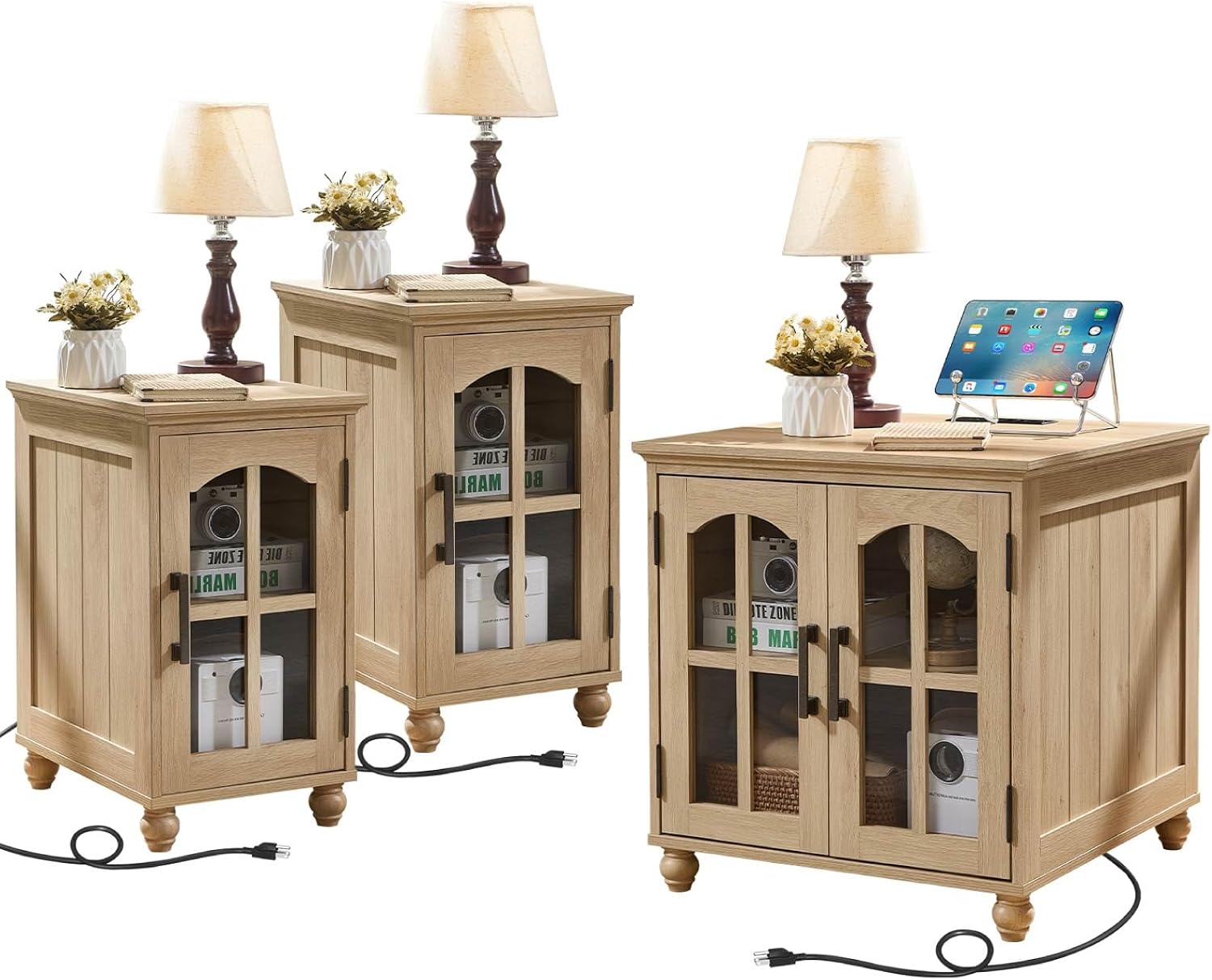 RWYHG End Table Set 3 with Charger Station, 18'' Narrow Nightstand and 24' Large Sofa Side Tables with Glass Barn Door Storage, Farmhouse Night Stands Bedside Table for Living Room,Bedroom