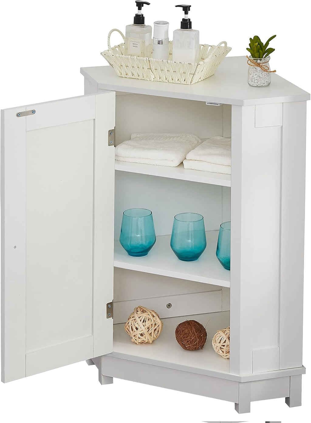 Floor Corner Cabinet with Doors and Adjustable Shelves, Freestanding Bathroom Corner Storage Cabinet for Bathroom, Living Room (1 Door, White)