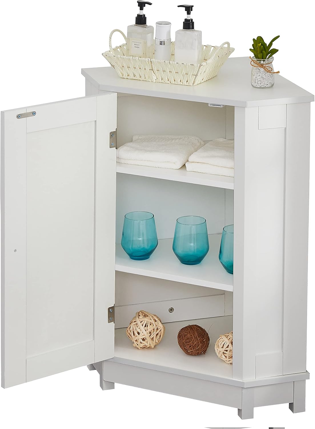 Floor Corner Cabinet with Doors and Adjustable Shelves, Freestanding Bathroom Corner Storage Cabinet for Bathroom, Living Room (1 Door, White)