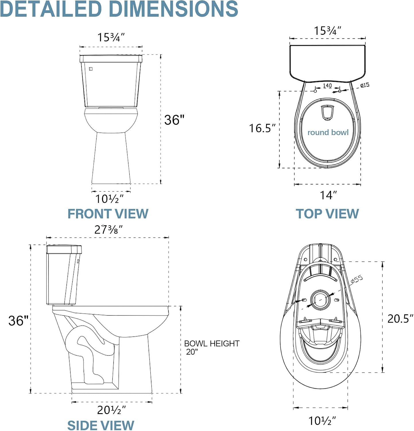 21 Inch Compact Extra Tall Toilet for Seniors 1.28 GPF Single Flush Bone | Round High Toilet for Small Bathroom Space, Comfort Bowl Height 20', 12' Rough In