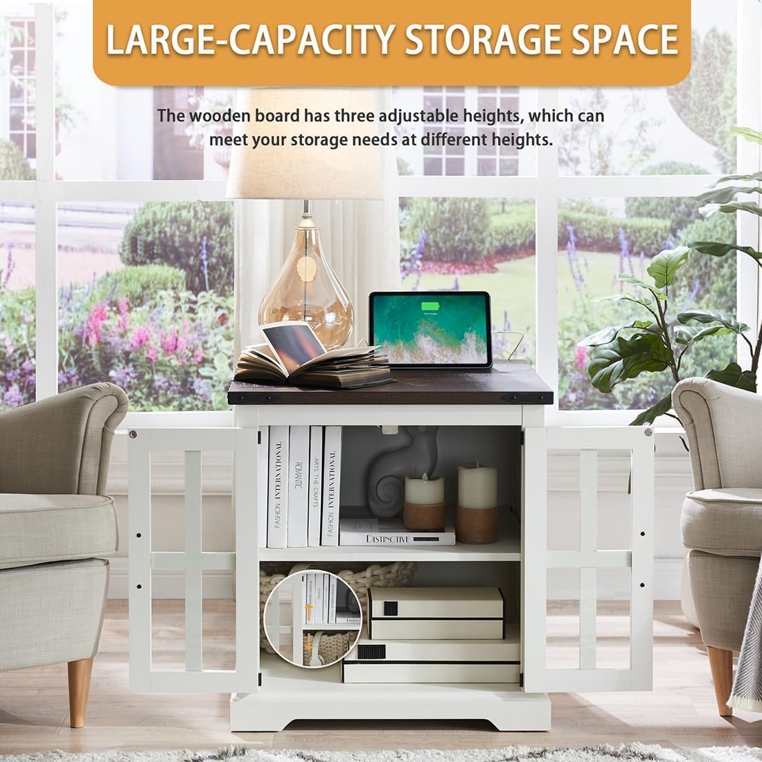 Barnyatoh Farmhouse End Table with Charging Station,24' Large Sofa Side Table with Glass Barn Door, Rustic Wood Nightstand Bedside Table with Adjustable Storage Shelf for Living Room, Bedroom,White