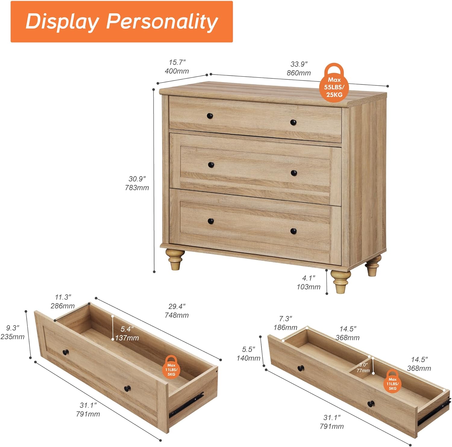 WAMPAT Farmhouse Nightstand with 3 Drawers, Set of 2 Large 3 Drawers Wood Bedside Table Night Stand, Wide Sofa Side End Table Chest of Dresser for Living Room, Bedroom, Oak, 34 inch
