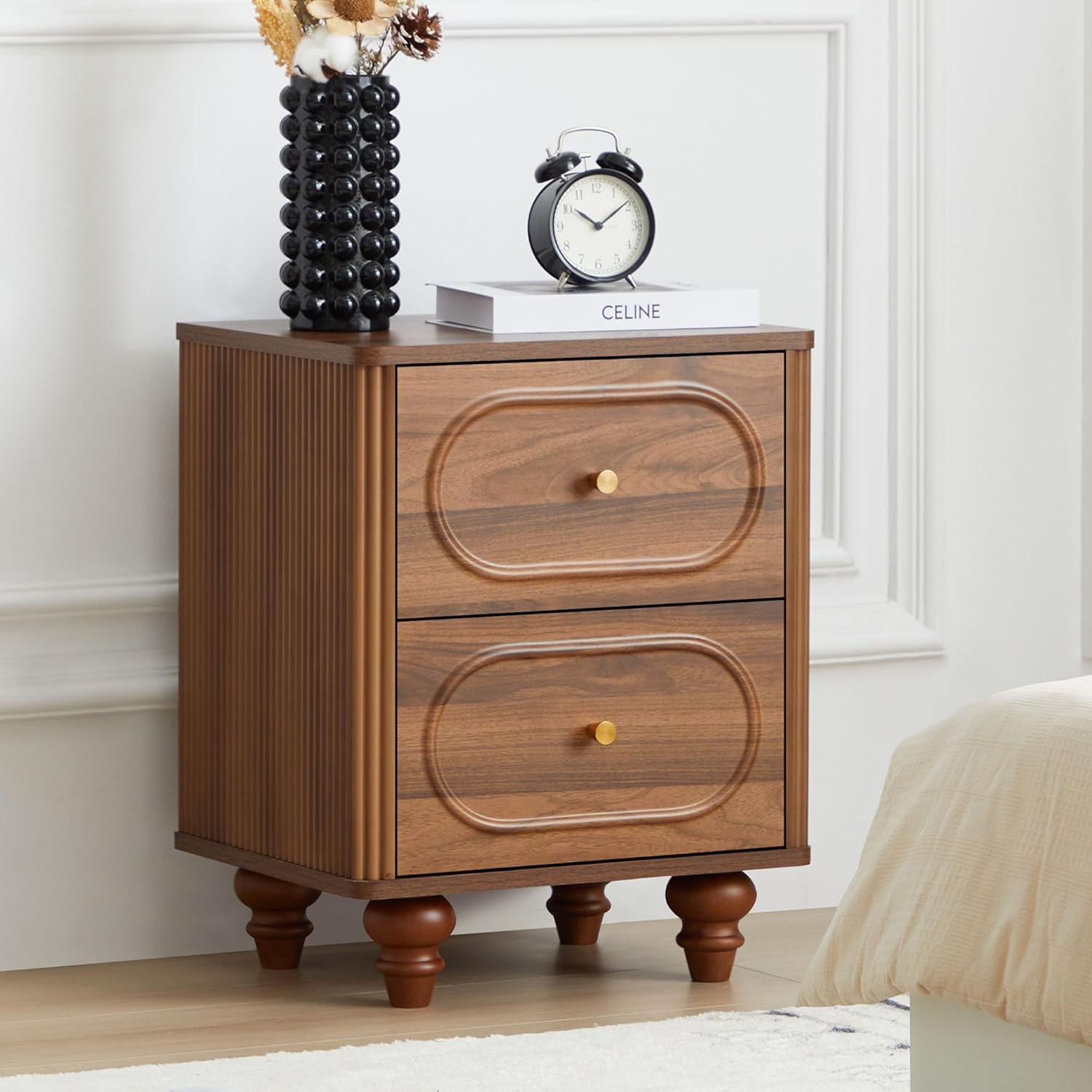 2 Drawer Fluted Nightstand Set of 2, Mid Century Modern Farmhouse Night Stand Small End Table Bedside Table for Bedroom, Living Room, Walnut