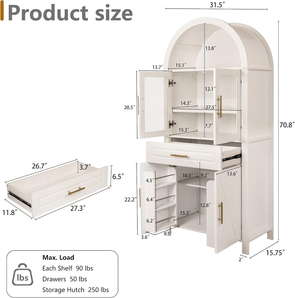 71' Farmhouse Arched Kitchen Pantry Cabinet with Glass Doors & Large Drawer, Wood Versatile Cupboard with Adjustable Shelves for Kitchen Dining Room Living Room Coffee Bar(White)