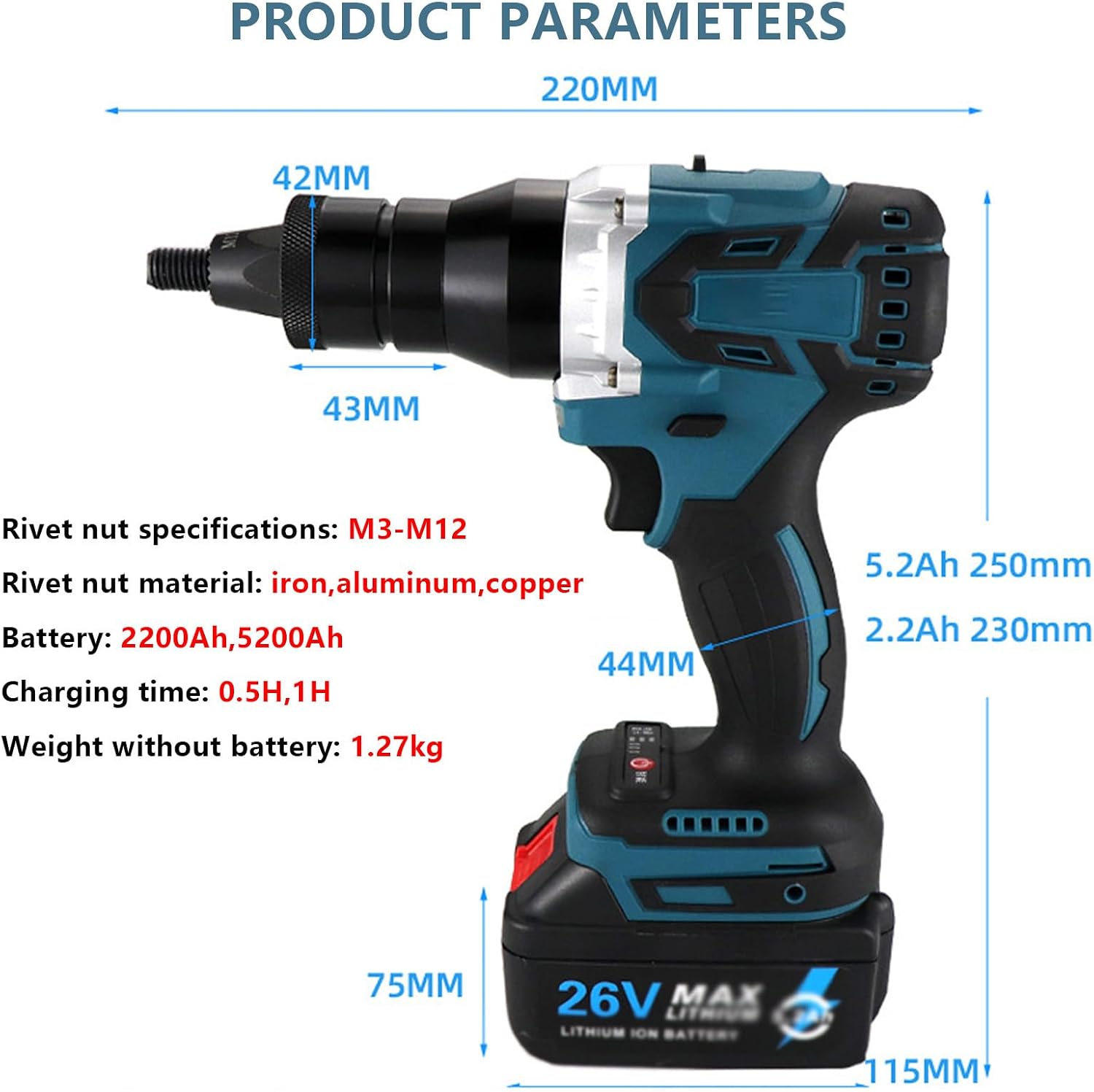 2-in-1 Cordless Rivet Nut Gun Set,Portable Automatic Rivet Gun with M3/M4/M5/M6/M8/M10/M12 Battery Powered Pop Rivet Insert Installation Tool,2Battery-2200mAh
