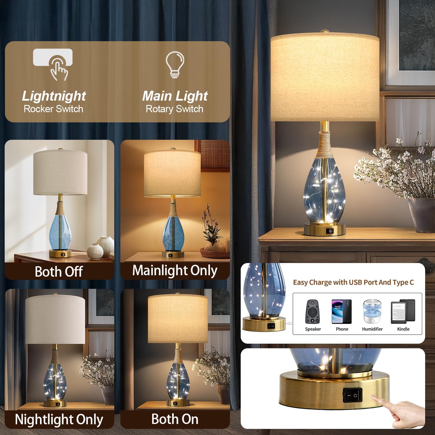 OYEARS 23' Table Lamps for Living Room Set of 2 Bedside Lamps for Night Stands Bedroom Lamps Farmhouse Rattan Boho Lamp Glass Nightlight End Table Lamp with USB C+A (Blue),Two Light Points