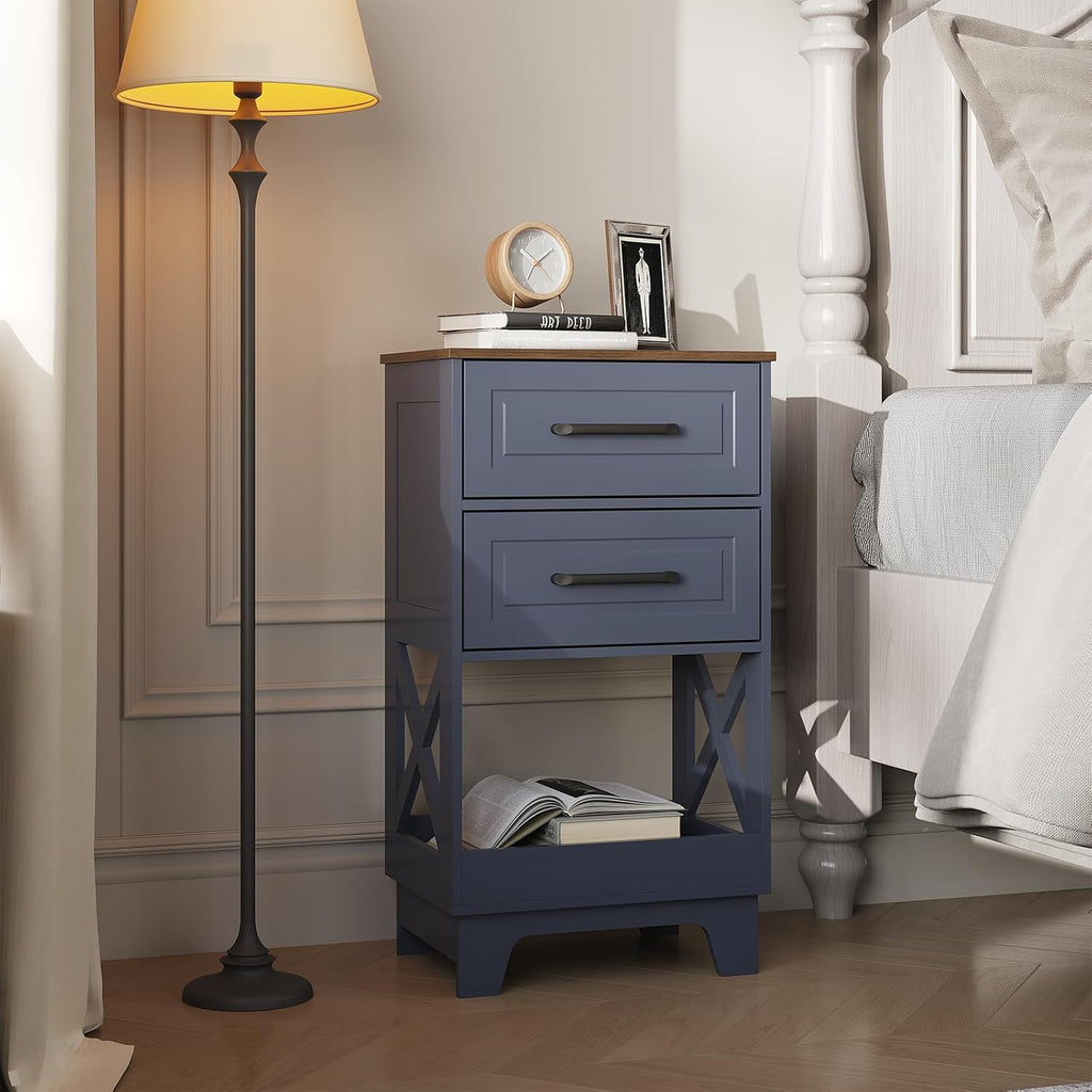 Tall Nightstand Set of 2 Side Table Modern Night Stand with 2 Drawers Wooden Rustic End Table Bedside Table with Upper Open Shelf Solid Feet for Bedroom Navy Blue+Walnut