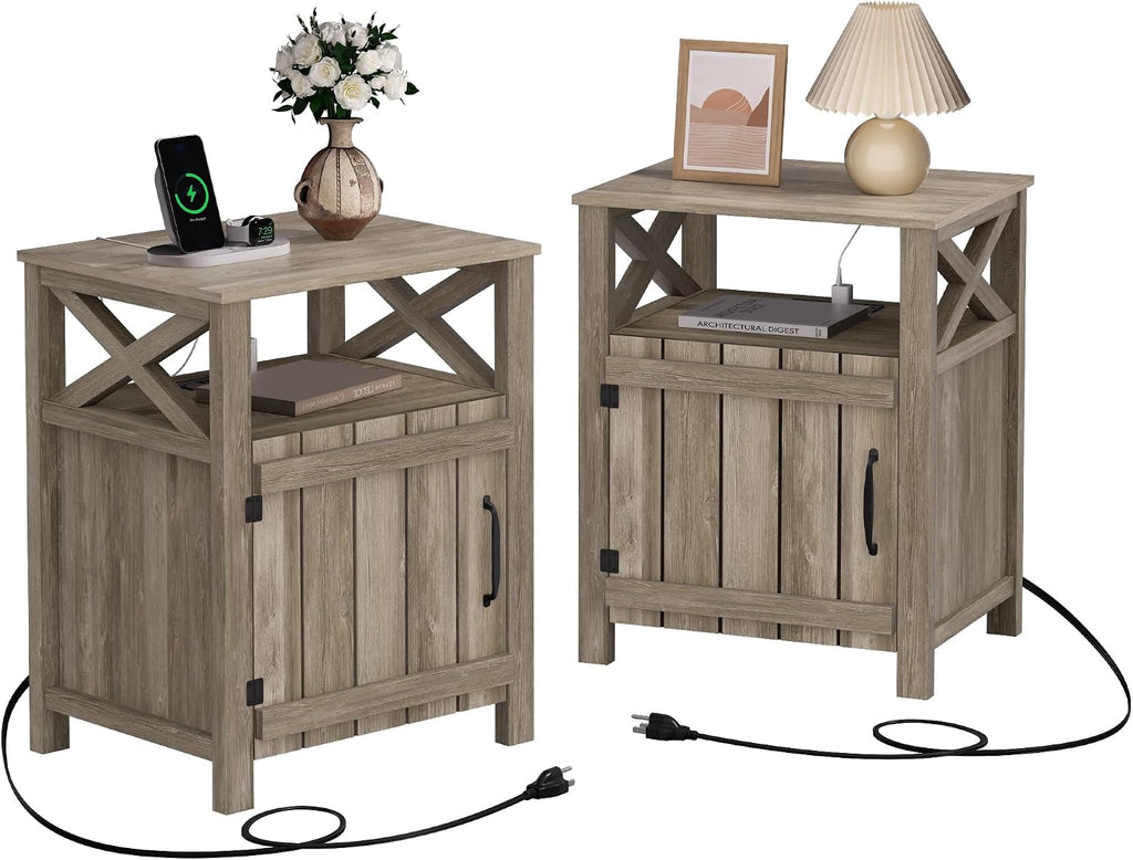 Farmhouse Nightstand Set of 2 with Charging Station, Gray, Side Table, End Table with Barn Door & Shelf, Rustic, for Bedroom, Living Room