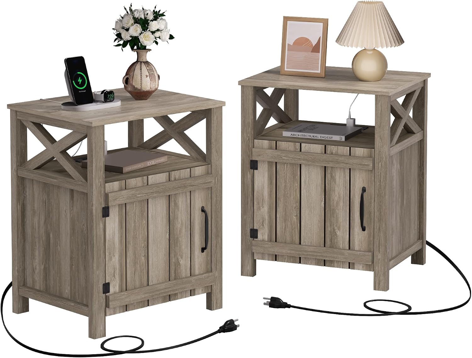Farmhouse Nightstand Set of 2 with Charging Station, Gray, Side Table, End Table with Barn Door & Shelf, Rustic, for Bedroom, Living Room