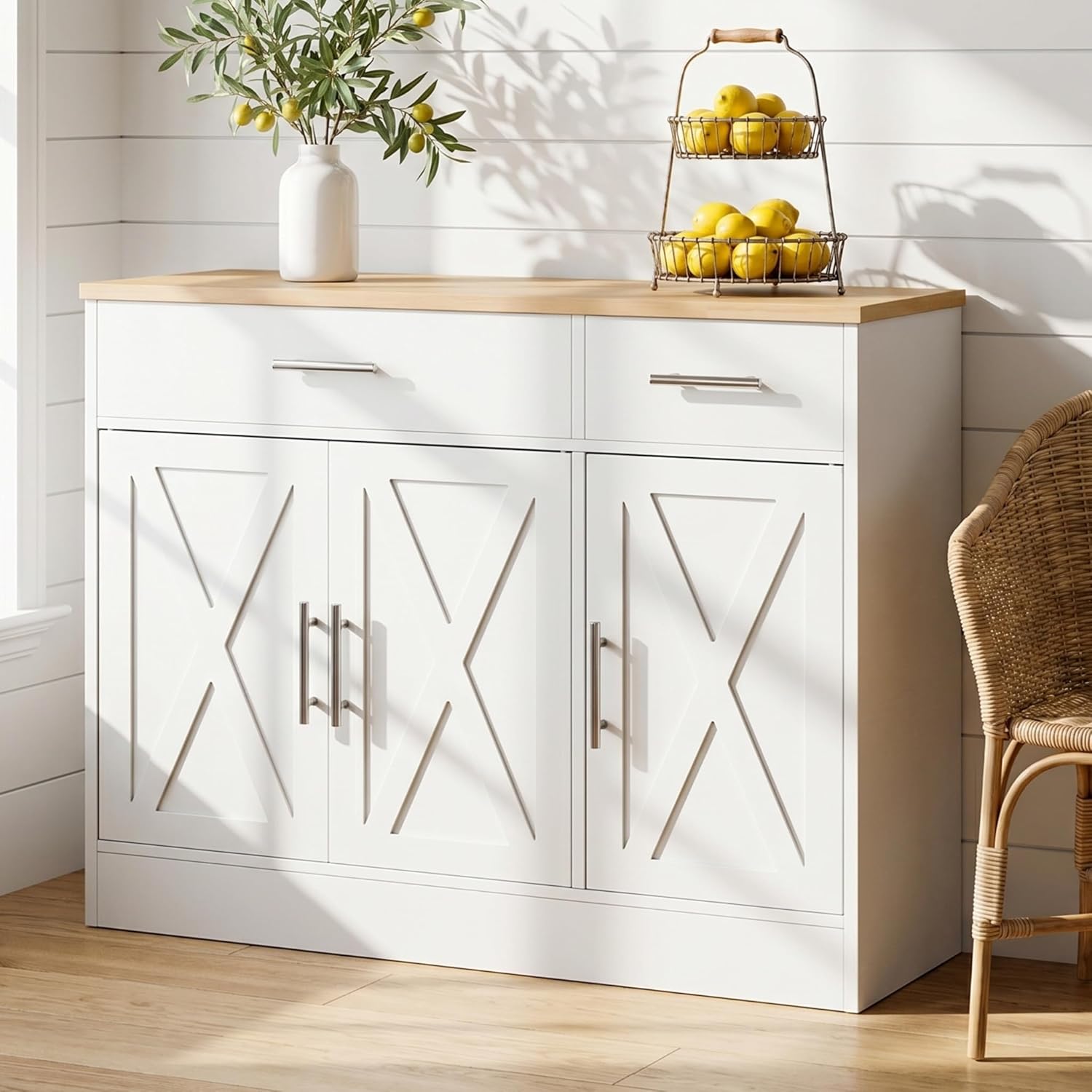 SUNLEI Kitchen Buffet Sideboard Cabinet with Storage, Farmhouse Kitchen Cabinet with 3 Doors and 2 Drawers, Coffee Bar Cabinet with Storage for Living Room, White