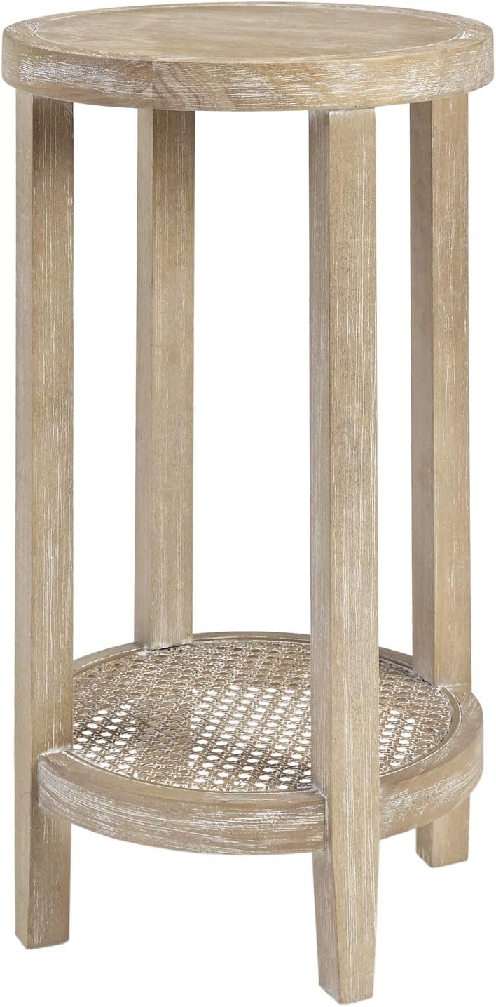Martha Stewart Harley Accent Tables Modern Farmhouse, Rattan Shelving Design, Round Tabletop Living Room Furniture Occasional Piece, Dia. 15' X 28', Wheat