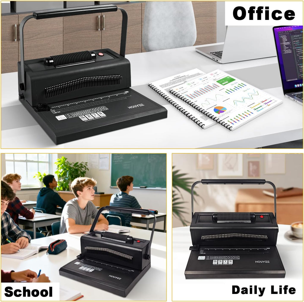 HOUYEE Spiral Coil Binding Machine with 100 Pack 3/8'(10mm) Binding Coils & Plier,and 100 Pack Plastic Spiral Binding Coils,6mm (1/4'),30 Sheets Capacity,4:1 Pitch, 48 Loops, for Letter Size (Black)