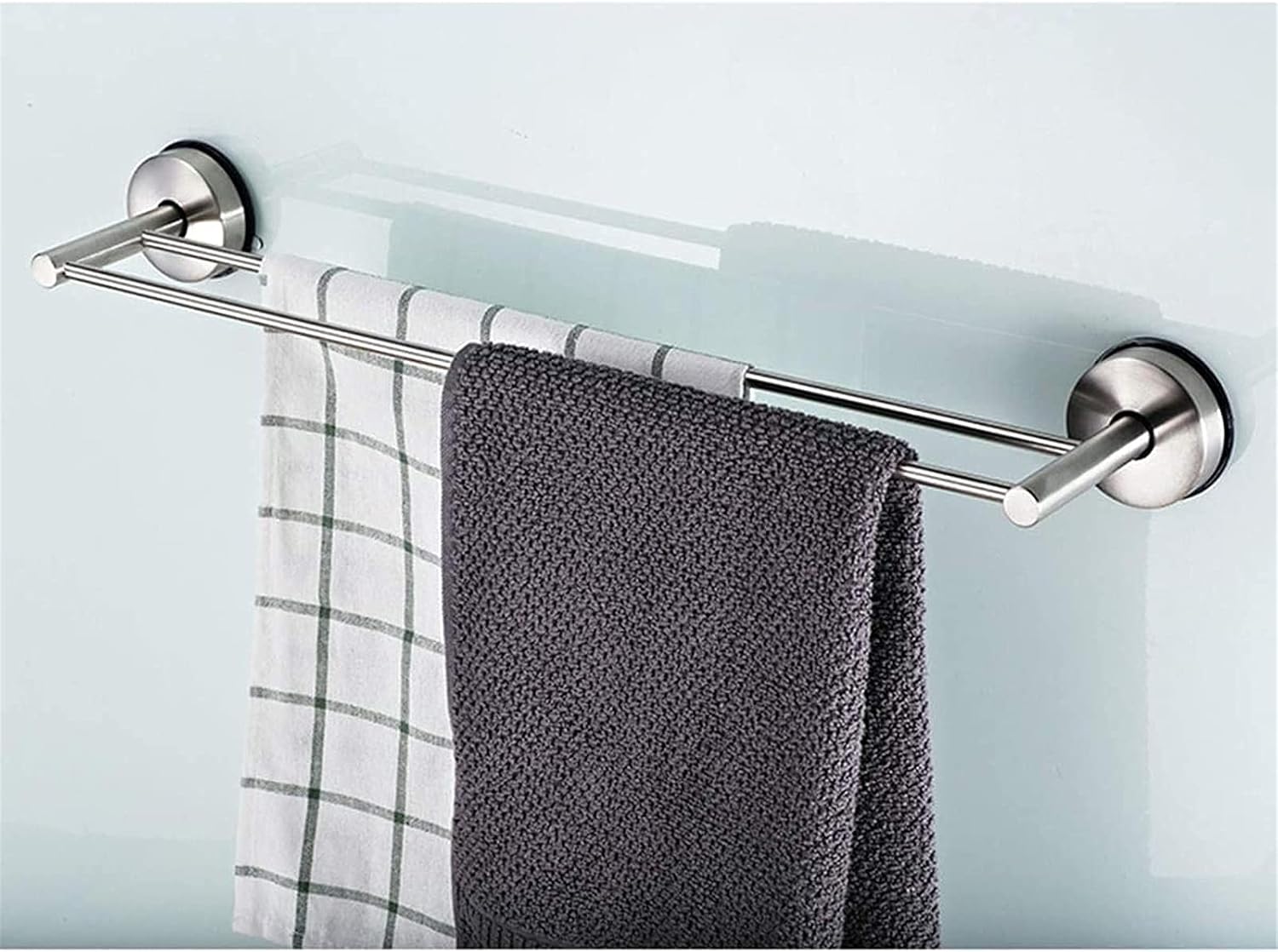 Towel Holder Bathroom Towel Bar with Vacuum Suction Cup Double Towel Holder and No Drill Wall Mount Shelf Rack for Clothes, Washcloths Polished Chrome