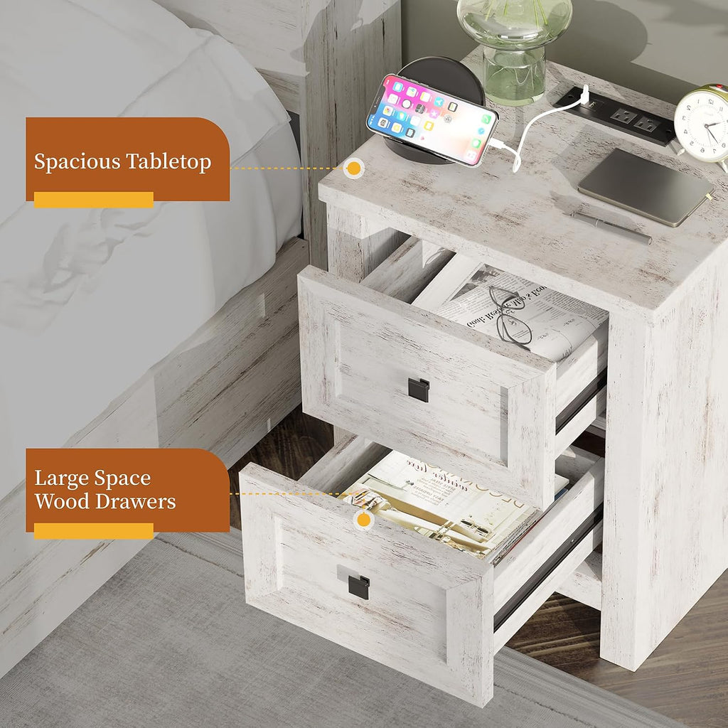 AMERLIFE Large Nightstand Set of 2 with Charging Station, Bedside Table with USB Ports and Outlets, Farmhouse Wood End Table for Bedroom, Distressed White