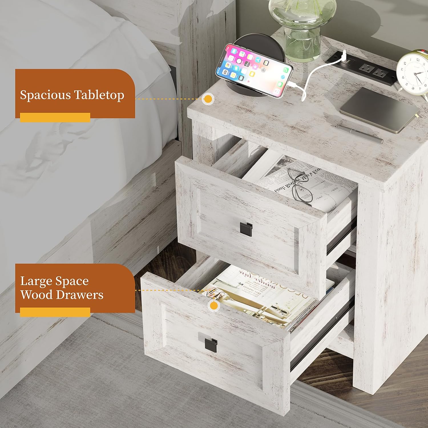 AMERLIFE Large Nightstand Set of 2 with Charging Station, Bedside Table with USB Ports and Outlets, Farmhouse Wood End Table for Bedroom, Distressed White