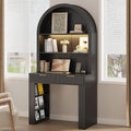 Arched Writing Desk with Hutch, Home Office Desk with 2 Drawers, Secretary Desk with Outlets, 3 Color LED Lights, Open Shelves, Computer Desk for Small Space, Bedroom 35.4' W x 70.8' H (Black)