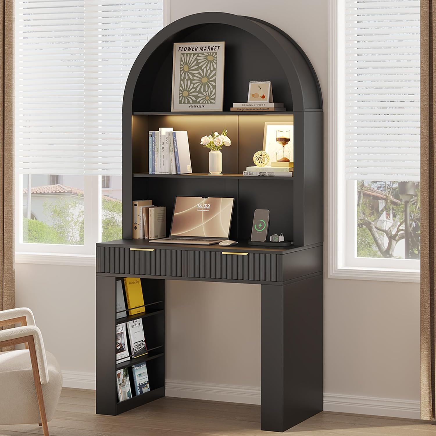 Arched Writing Desk with Hutch, Home Office Desk with 2 Drawers, Secretary Desk with Outlets, 3 Color LED Lights, Open Shelves, Computer Desk for Small Space, Bedroom 35.4' W x 70.8' H (Black)