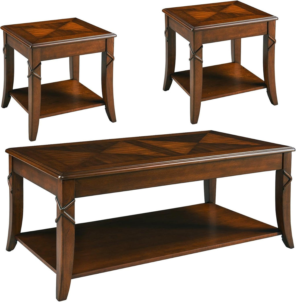 Living Room Tables Set of 3- One Coffee Table and Two End Table with Carved Tabletop and Leg, Mid-Century Sofa Beside Table and Center Table with Carved Legs, Easy Assembly, Cherry Brown KFZ-CJZ-DR200
