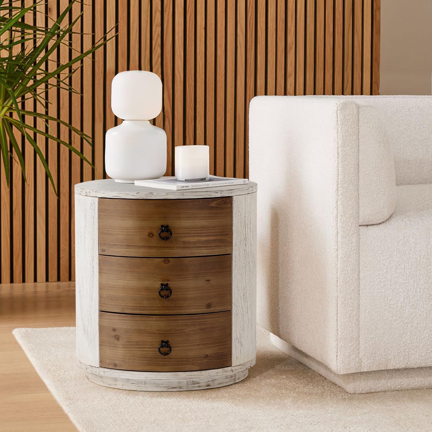 COSIEST Bedside Table Set of 2, Wood Nightstand 3 Drawers, Farmhouse Round End Table with 3 Drawers, Dresser with Drawers for Bedroom, Living Room