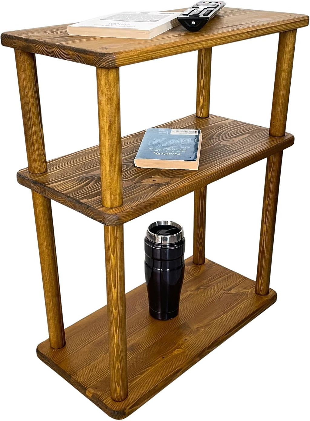 Handcrafted Solid 3-Tier Narrow Side Table, 10 Inch Pine Wood End Table for Living Room with Storage, Slim Bedside Table for Small Spaces, Nursery, Bedroom, Office (Chestnut, Low)