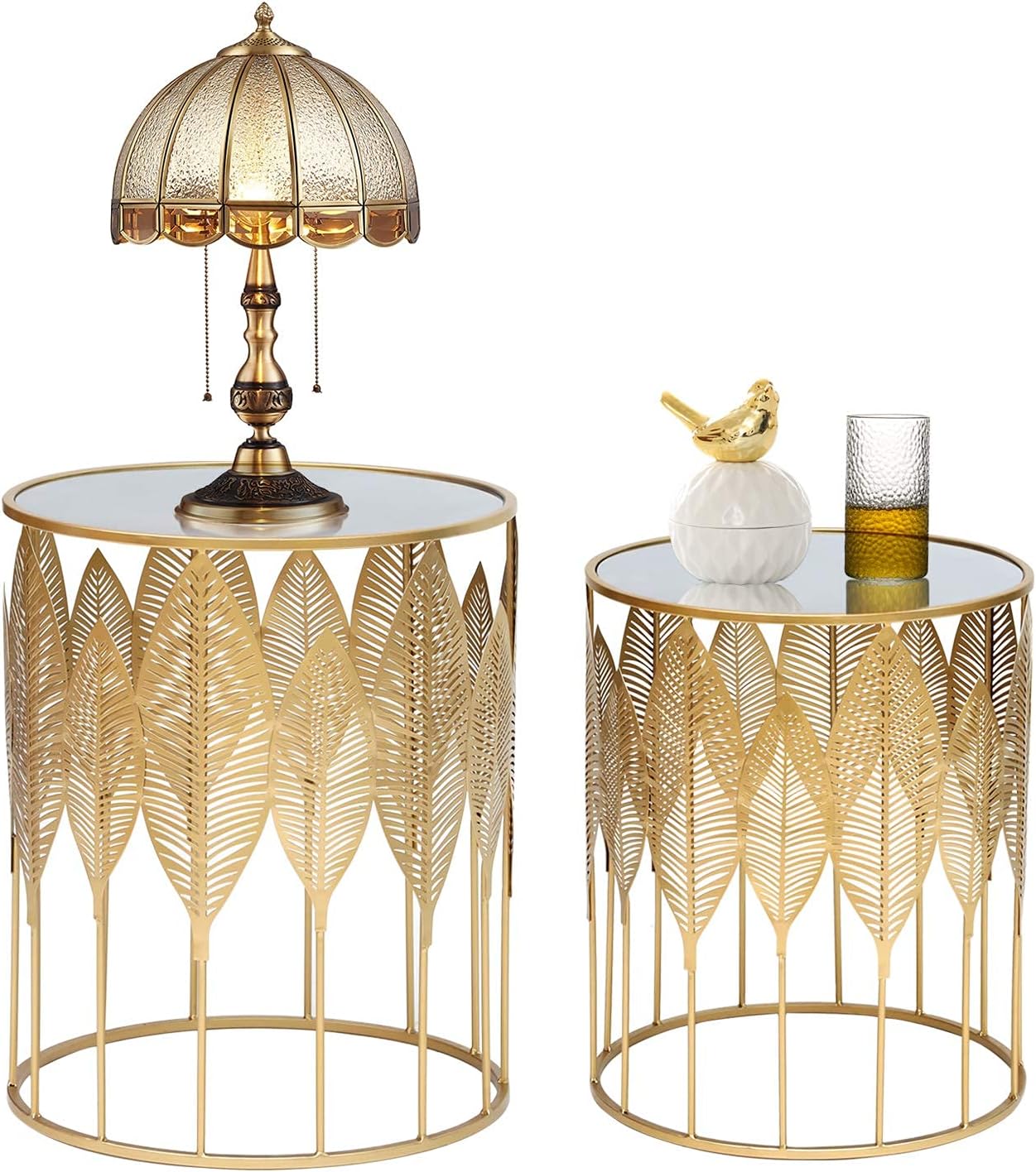 Homebeez Gold Nesting Tables Set of 2, Glam Leaf Design Round End Table with Stainless Steel Top for Living Room & Bedroom, No Assembly Required