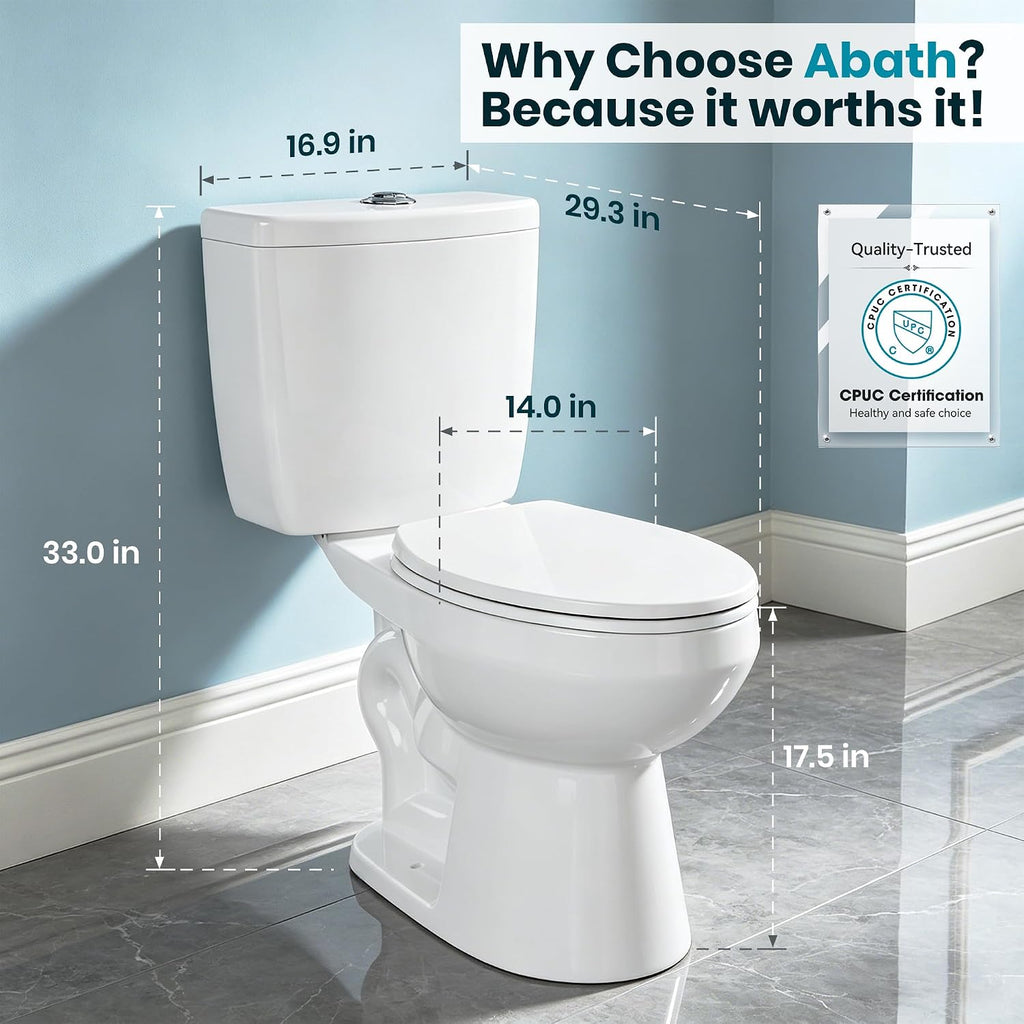 ABath 17.5' Tall Toilet Elongated with Soft Close Seat & 360° TSUNAMI Flush 0.9/1.27 GPF, WaterSense/1000g Map Certified, NANO CLEAN Ceramic, Two Piece Compact Toilets for Small Bathroom, 12' Rough in