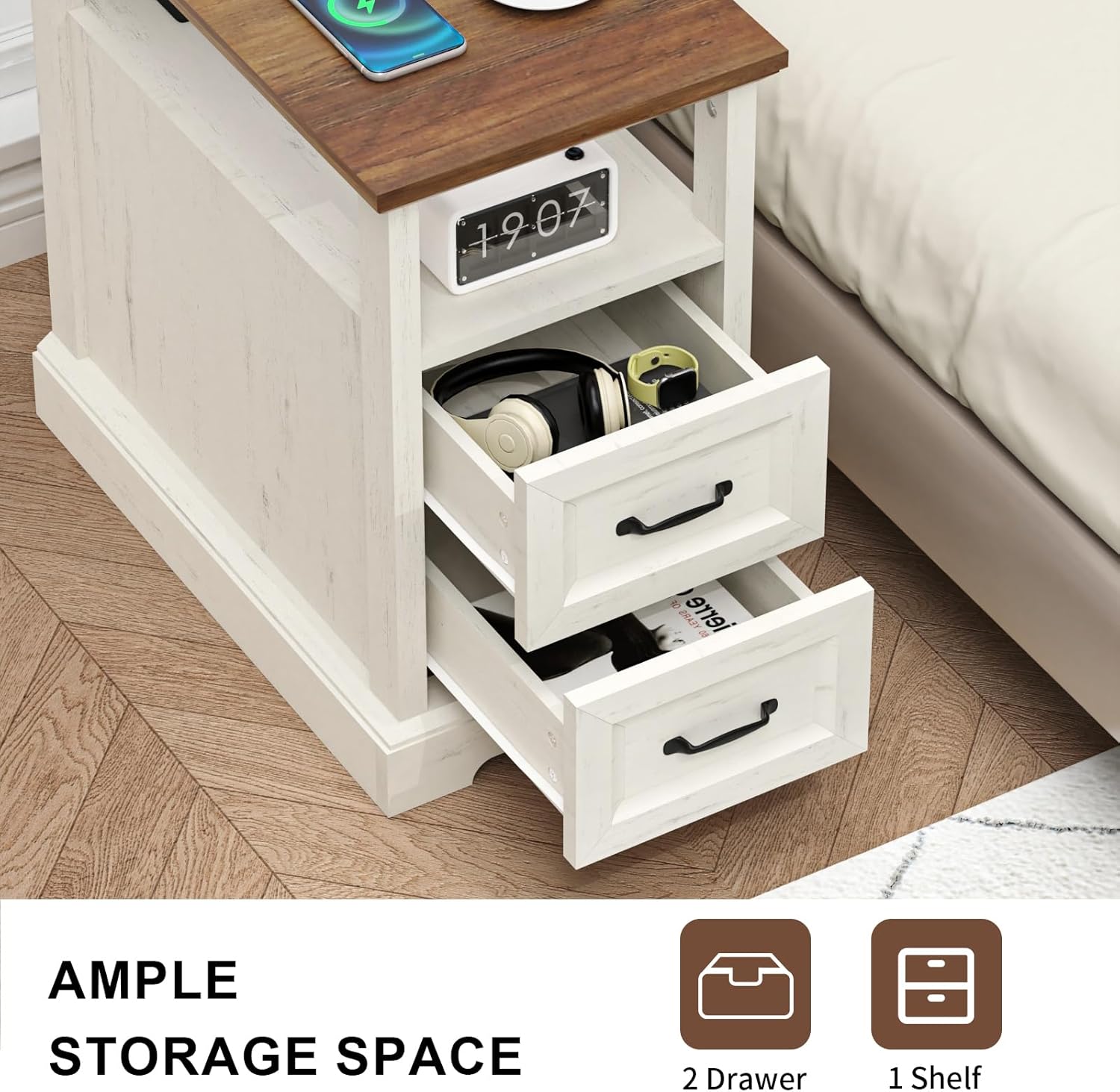 HOMMPA 23.6'' Farmhouse End Table with Charging Station Set of 2, Rustic Night Stand w/ 2 Drawers & Open Shelf, Wood Sofa Side Table Bedside Table for Living Room, Roman Column Design, Rustic White